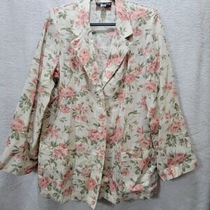 Vintage Sag Harbor Floral Linen Lightweight Blazer Jacket‎ Size 14 Cream Pink